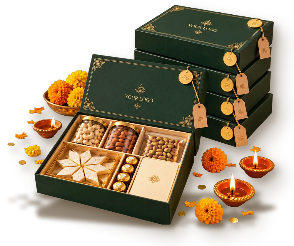 Branded Diwali food hamper: green gift box printed with a company logo, holding cashews, almonds, pistachios, kaju katli and chocolates, with matching branded boxes, hang tags and diyas