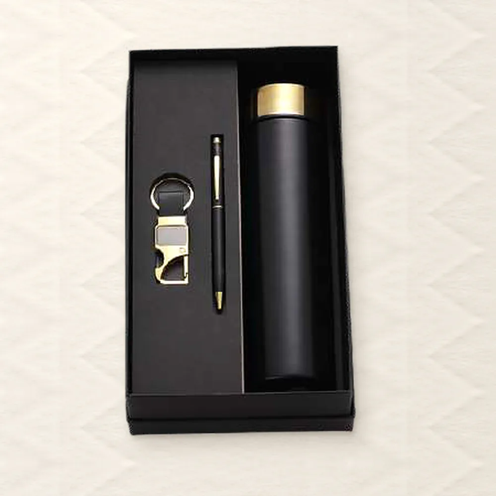 Corporate Gift Set — Bottle + Pen + Keychain, Black Gold (PIX-CS-3508)