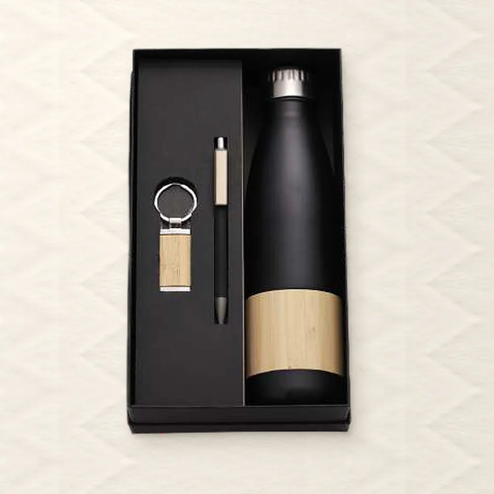 Corporate Gift Set — Bottle + Pen + Keychain, Black Bamboo (PIX-CS-3509)
