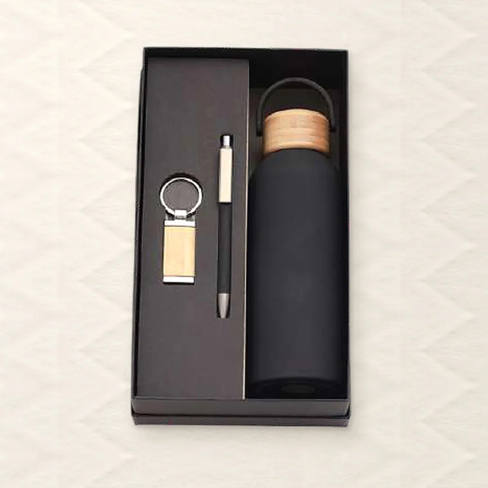 Corporate Gift Set — Bottle + Pen + Keychain, Black Bamboo (PIX-CS-3510)