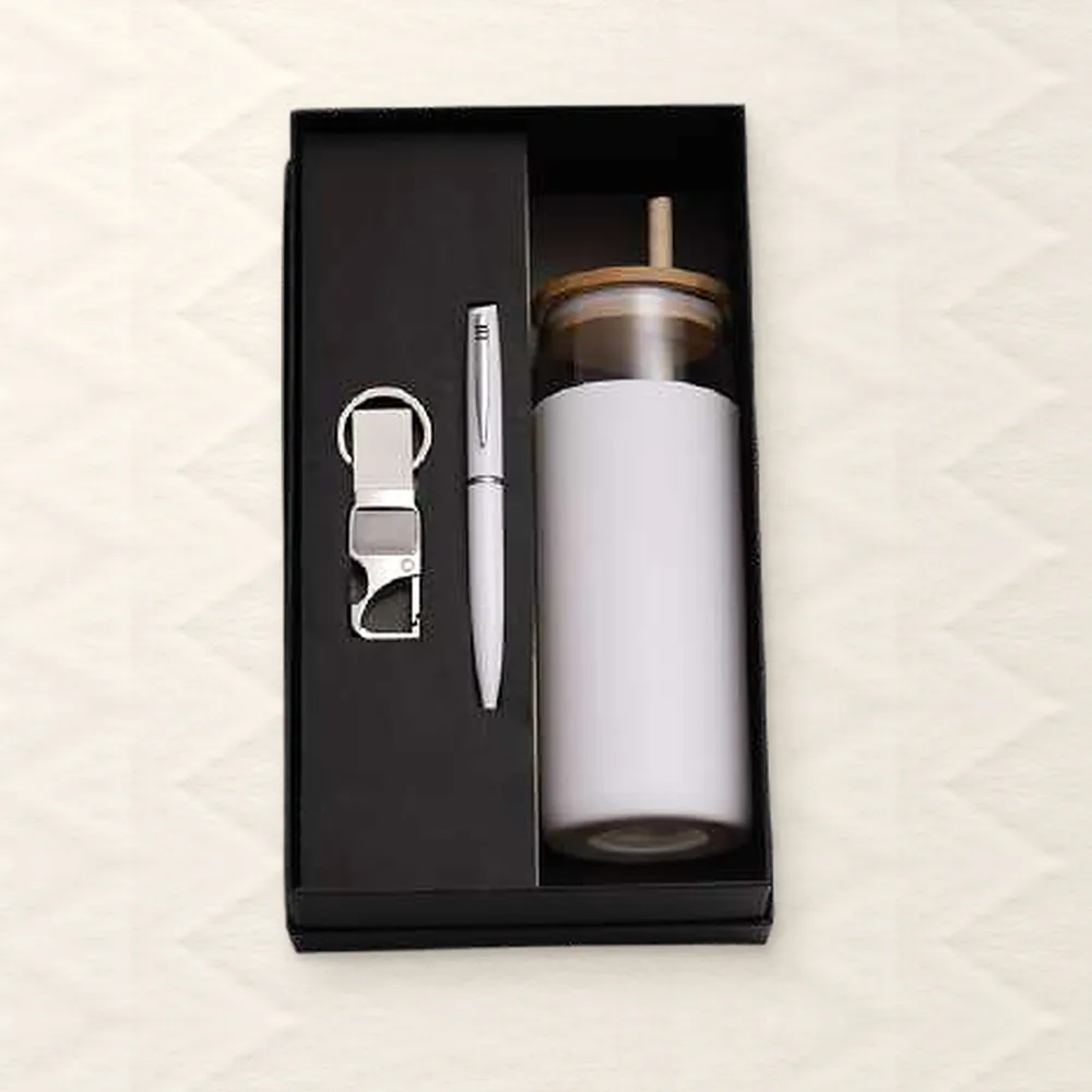 Corporate Gift Set — Bottle + Pen + Keychain, White (PIX-CS-3513)
