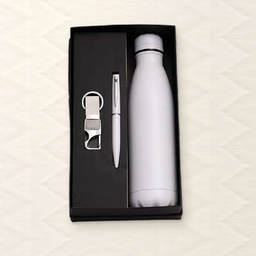 Corporate Gift Set — Bottle + Pen + Keychain, White (PIX-CS-3514)