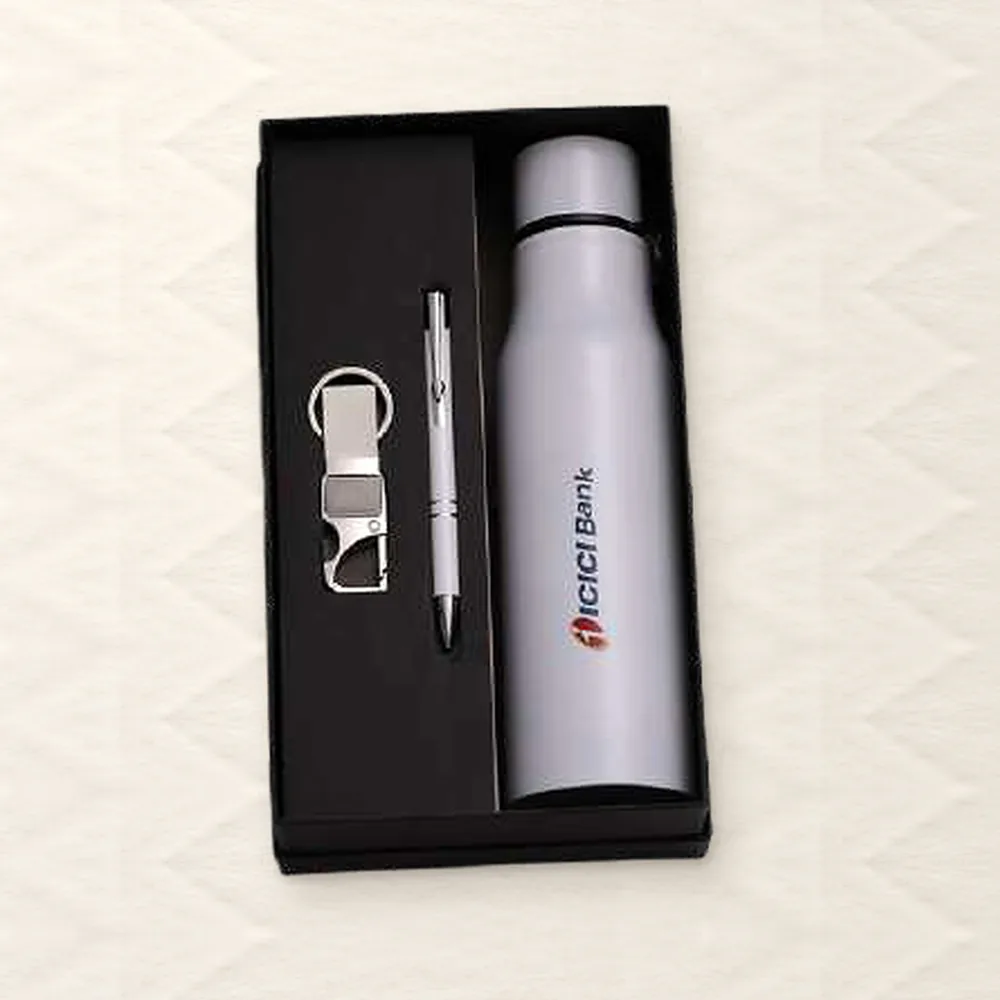 Corporate Gift Set — Bottle + Pen + Keychain, White (PIX-CS-3515)