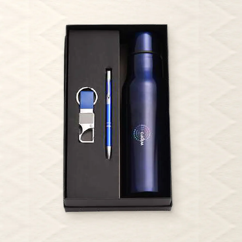 Corporate Gift Set — Bottle + Pen + Keychain, Blue (PIX-CS-3517)