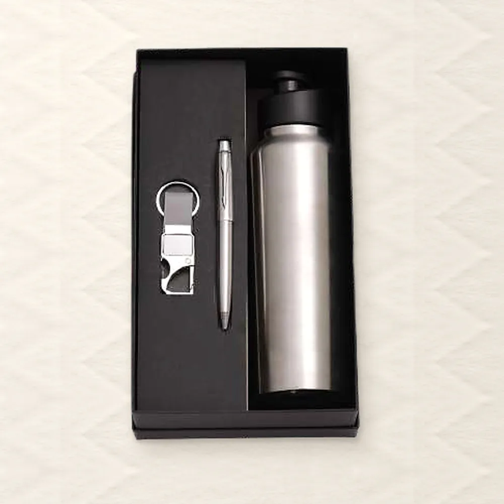 Corporate Gift Set — Bottle + Pen + Keychain, Silver (PIX-CS-3519)
