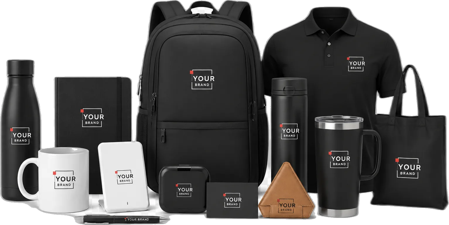 Printigly corporate gifting range — branded bottles, flasks, mugs, diaries, backpack, polo t-shirt and tote bag, all custom-branded with your logo