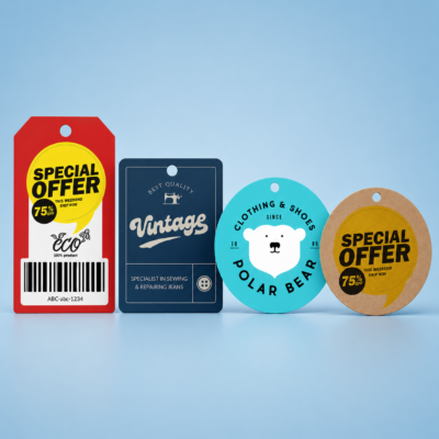 Hang Tags 4 Custom printed hang tags in red, navy, teal, and kraft with hole punch, sizes and shapes
