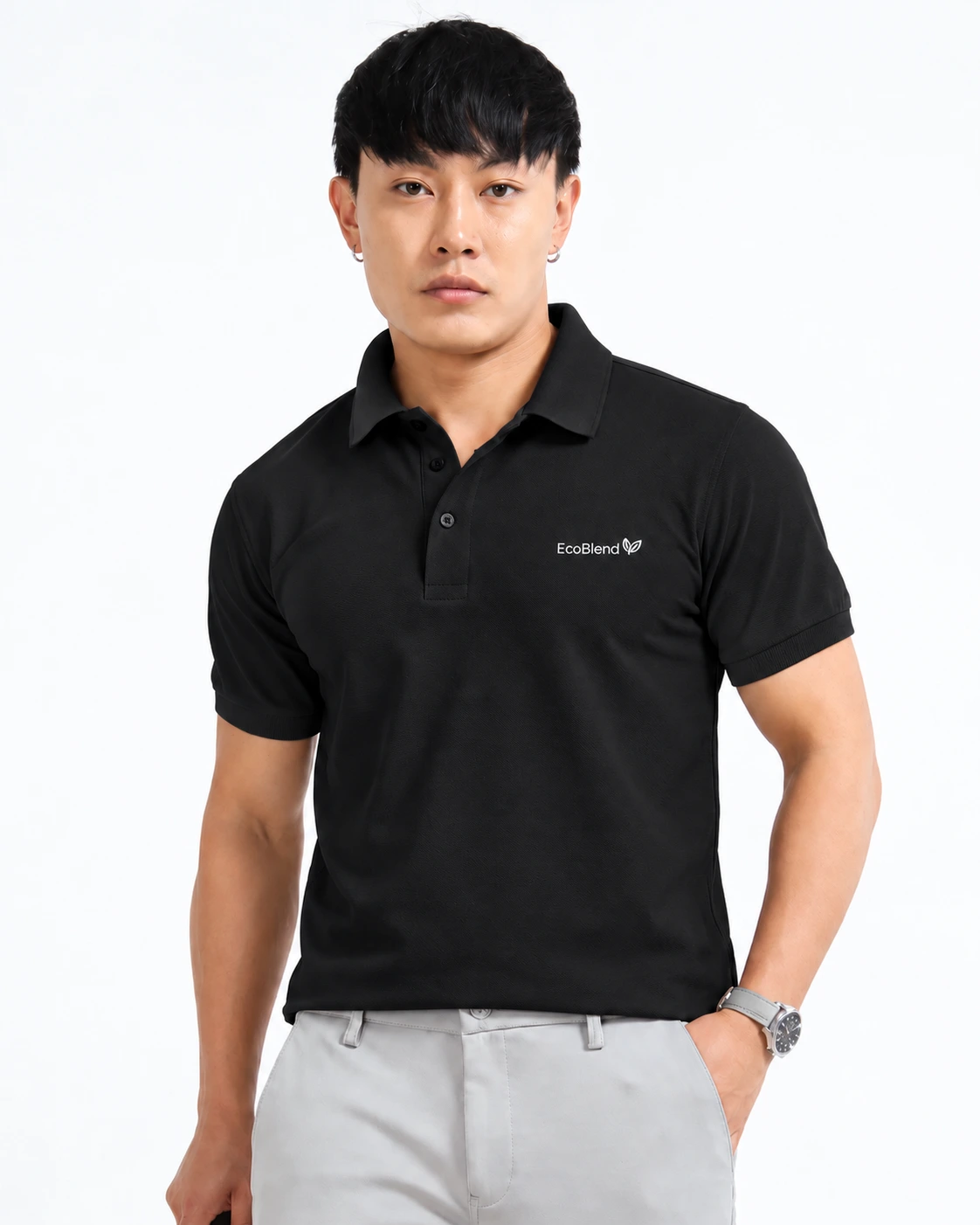 Model wearing an EcoBlend polo T-shirt in Black