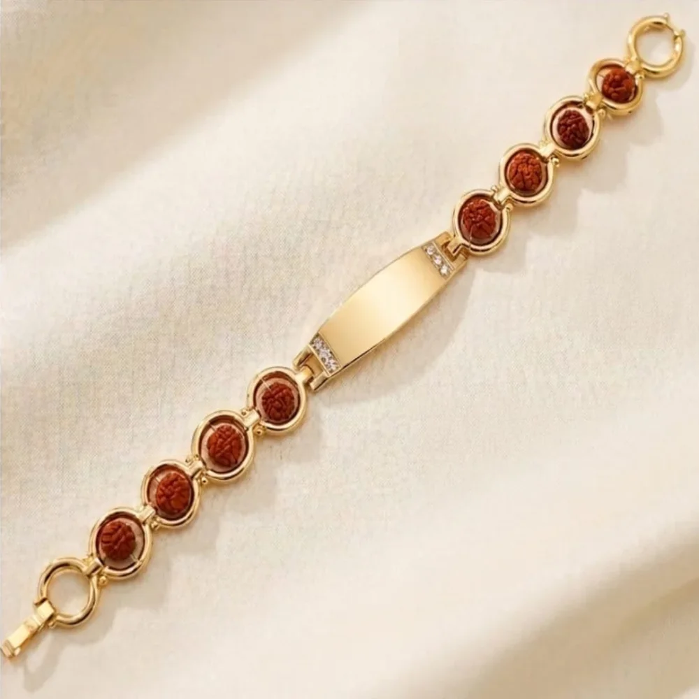 Premium rudraksha bracelet rakhi with gold bar and CZ stones