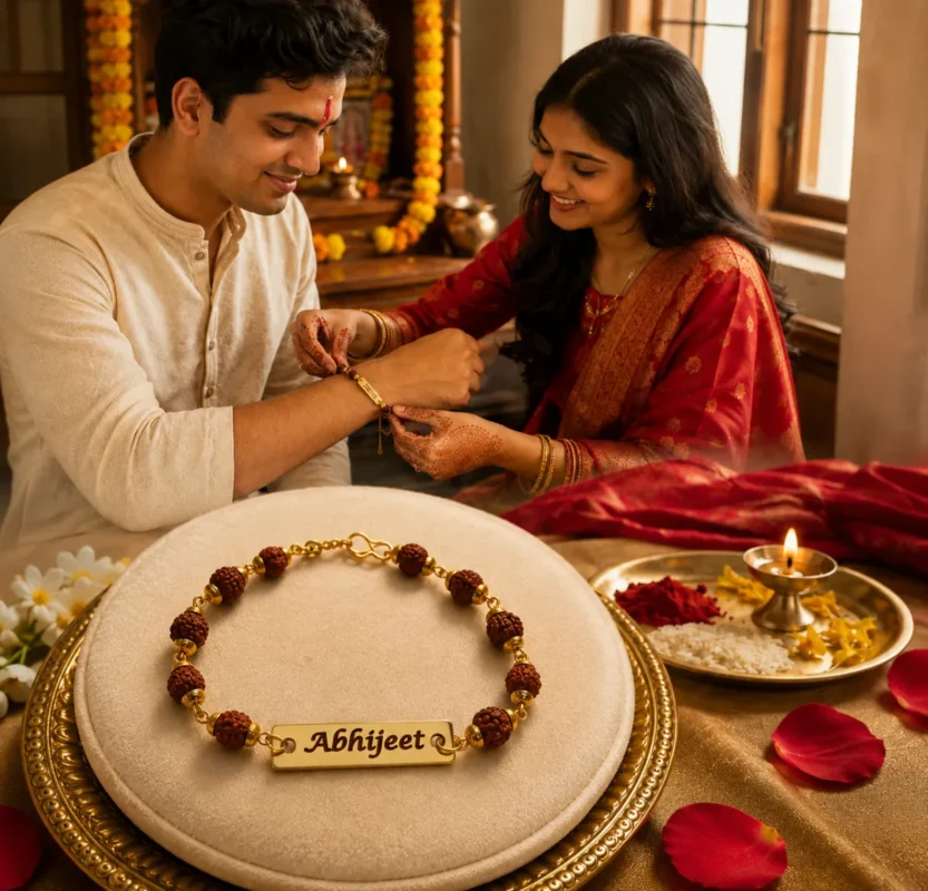 Sister tying a personalised rudraksha rakhi on her brother, with the name Abhijeet engraved on the gold-plated plate