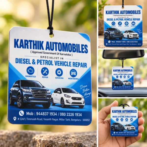 Custom printed hanging car air freshener with Karthik Automobiles branding, shown close up and inside a car