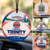 Round custom printed car air freshener with IndianOil Trinity Service Station branding, reverse-side QR design and in-car display